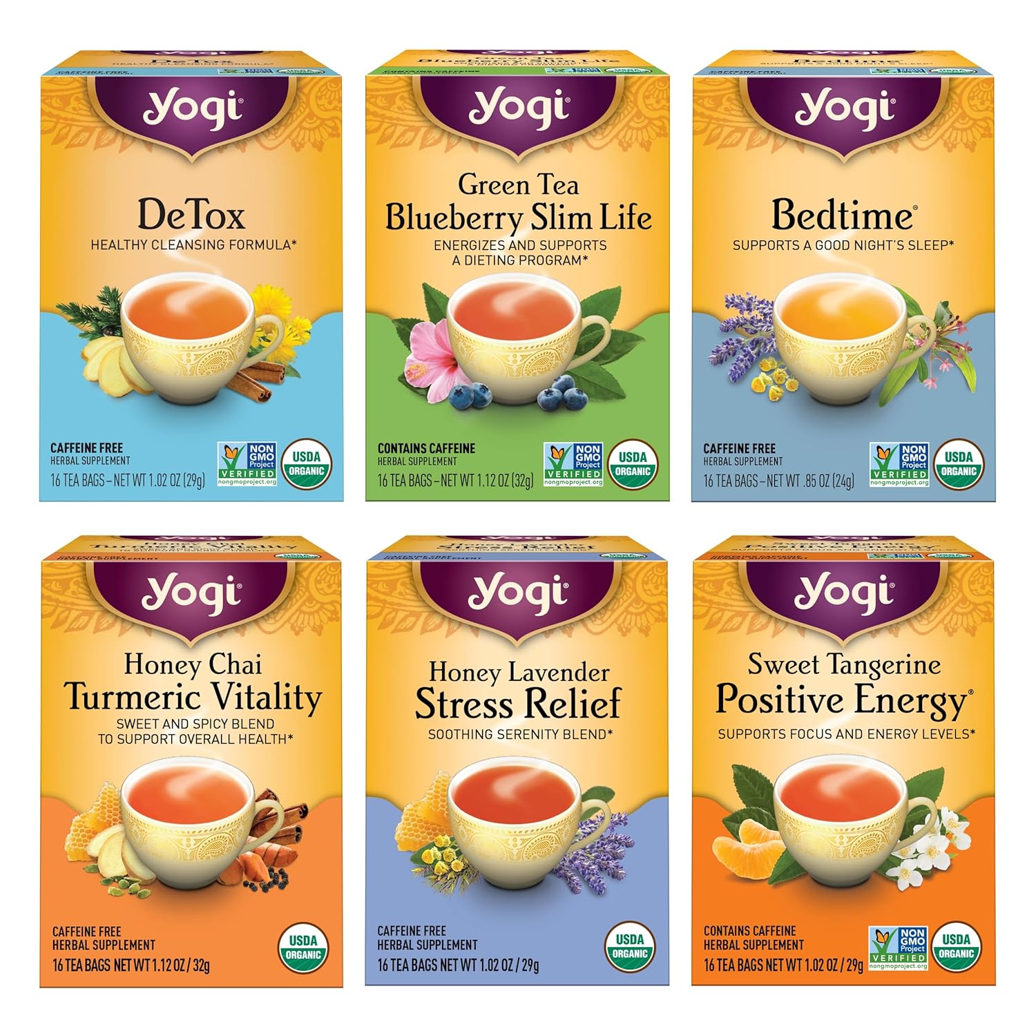 Yogi Tea Favorites Tea Variety Pack - 16 Tea Bags Per Pack (6 Packs) - Organic Tea Gift Box - Includes Sweet Tangerine Positive Energy Tea, Honey Lavender Stress Relief Tea, Bedtime Tea & More