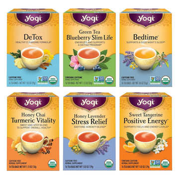 Yogi Tea Favorites Tea Variety Pack - 16 Tea Bags Per Pack (6 Packs) - Organic Tea Gift Box - Includes Sweet Tangerine Positive Energy Tea, Honey Lavender Stress Relief Tea, Bedtime Tea & More