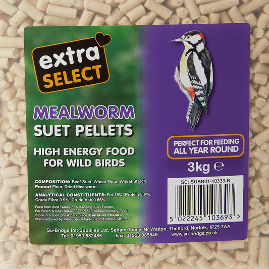 Extra Select Mealworm High Energy Suet Pellets Wild Bird Food - Protein, Fat Rich Year-Round Feeding - 3 kg Reusable Bucket?08WB089