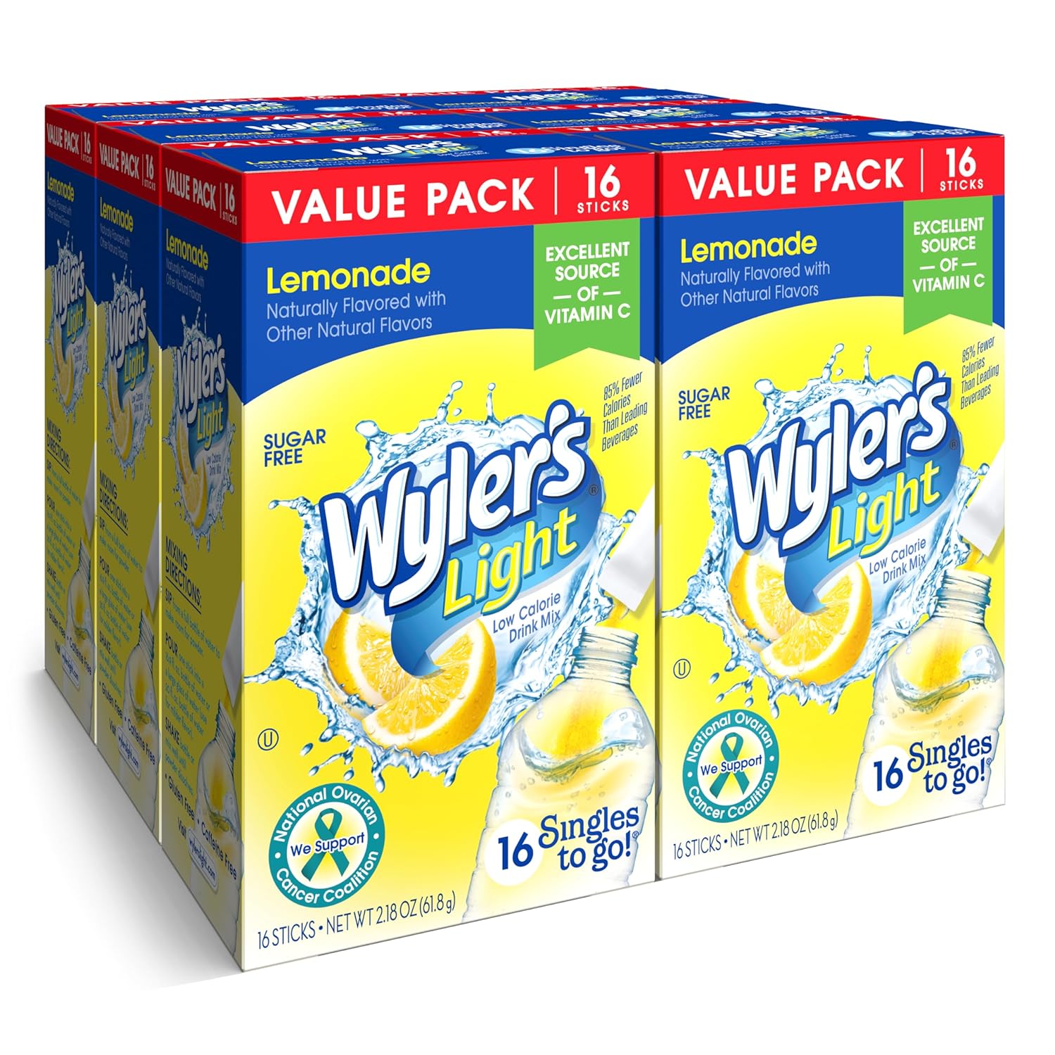 Wyler'S Light Singles To Go Powder Packets, Water Drink Mix, Lemonade, 16 Count, 6 Boxes (96 Single Servings)