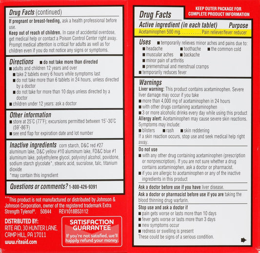 Rite Aid Extra Strength Acetaminophen Easy Tabs Tablets, 500 Mg - 100 Count | Pain Reliever & Fever Reducer | Migraine Relief Products | Joint Pain Relief | Muscle Pain Relief | Menstrual Pain Relief