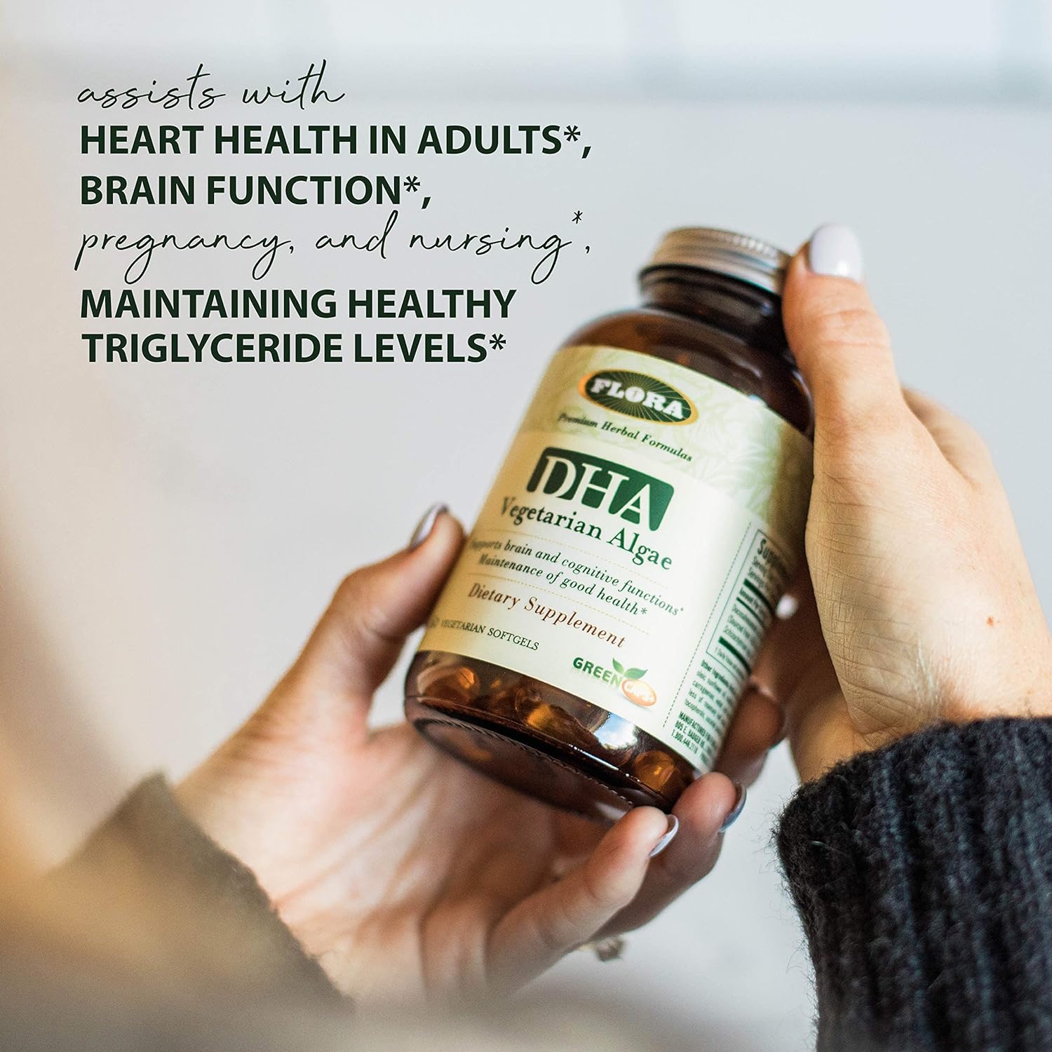 Flora - Premium DHA Vegetarian Algae GreenCaps, Supports Brain and Cognitive Function, Gluten Free, Unrefined Medium-Chain Triglycerides No GMOs, 60 Vegetarian Softgels : Health & Household