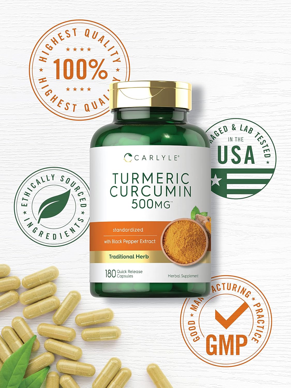 Carlyle Turmeric Curcumin with Bioperine | 500 mg | 180 Powder Capsules | Support Complex with Black Pepper | Non-GMO, Gluten Free Supplement : Health & Household