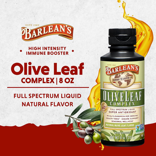 Barlean's Olive Leaf Complex Liquid Immune Support Supplement with 95mg Oleuropein Antioxidants for Seasonal Wellness, Heart Health, & Immune System Booster, 8 Ounce