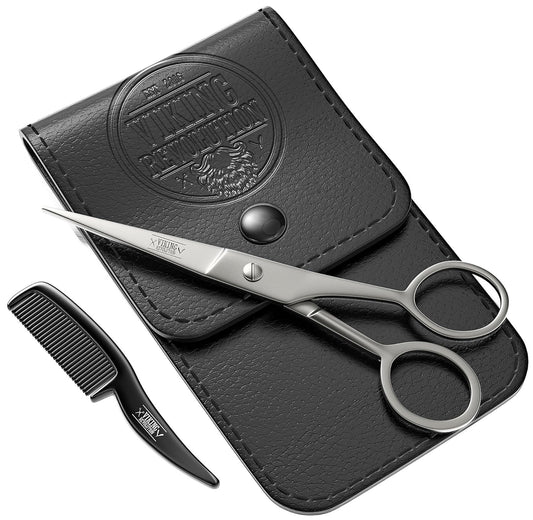 Viking Revolution - Beard And Mustache Scissors W/Comb And Synthetic Leather Case Professional Sharp Surgical Grade Steel For Trimming, Grooming, Cutting Mustache, Beards & Eyebrows Hair