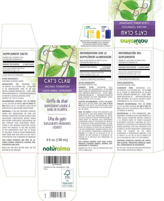 Naturalma Cat'S Claw (Uncaria Tomentosa) Bark Alcohol-Free Tincture - 4 Fl Oz Liquid Extract In Drops - Herbal Supplement - Vegan
