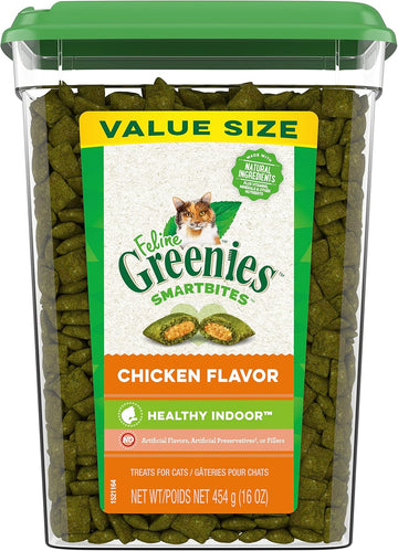 Feline Greenies Smartbites Healthy Indoor Natural Treats For Cats, Chicken Flavor, 16 Oz. Tub