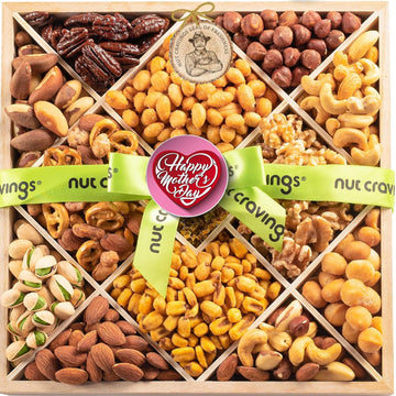 Nut Cravings Gourmet Collection - Mothers Day Mixed Nuts Gift Basket in Reusable Diamond Wooden Tray + Green Ribbon (12 Assortments) Arrangement Platter, Healthy Kosher USA Made