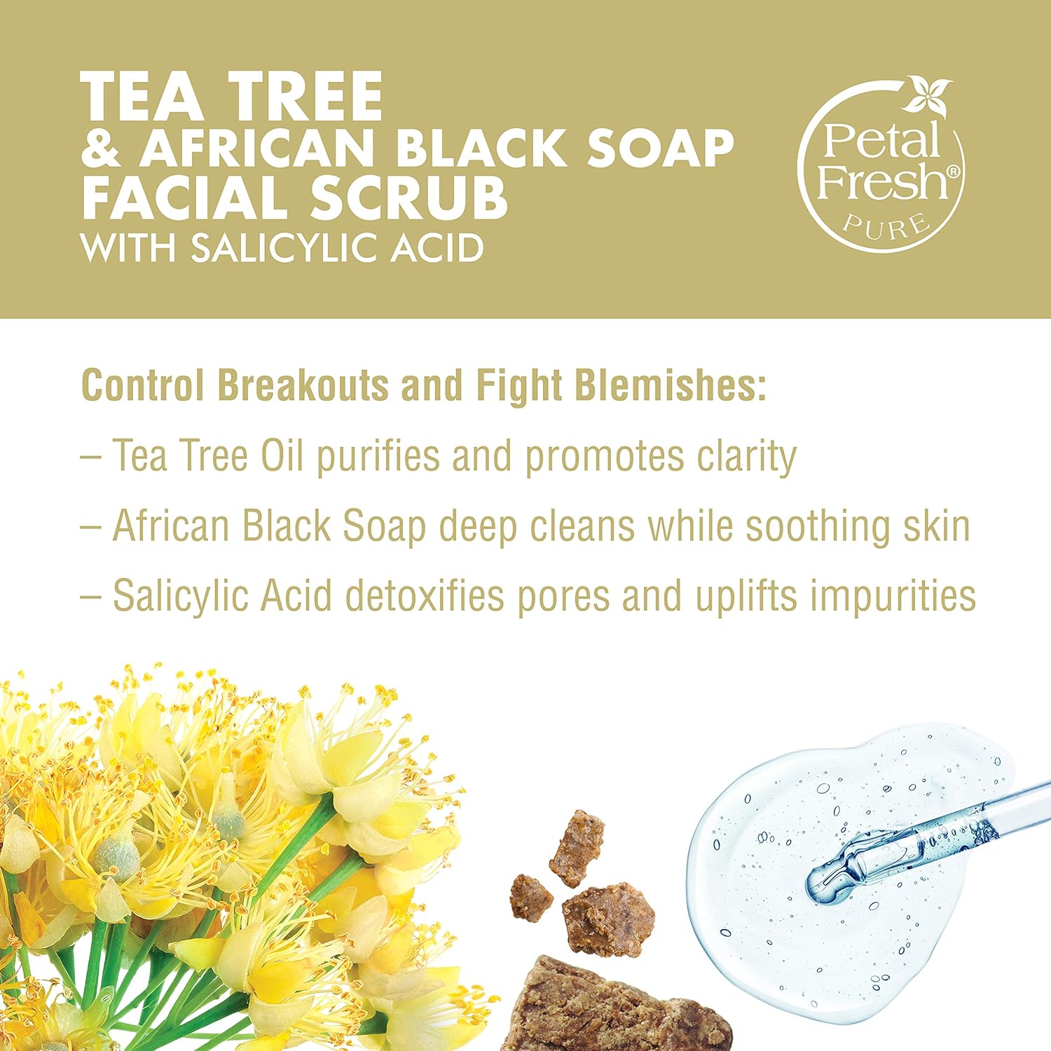 Petal Fresh Tea Tree & African Black Soap Facial Scrub, Pure Blemish Control, Clean Skincare, Natural Face Scrub, Daily Skincare, Vegan and Cruelty Free, 7 oz : Beauty & Personal Care