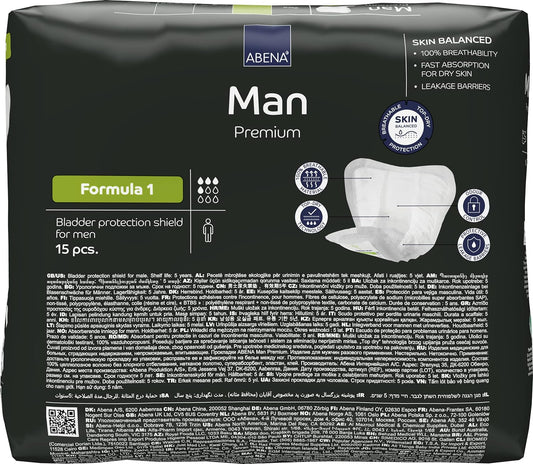 Abena Man Formula 1 Incontinence Pads for Men, Eco-Labelled Mens Incontinence Pads, Extra Protection, Breathable & Comfortable with Fast Absorption, Discreet - 450ml Absorbency, 15PK