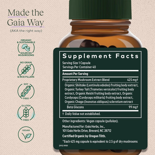 Gaia Herbs Immune Mushroom Blend - Immune Support Mushroom Supplement For Year-Round Health* - With Reishi, Cordyceps, Turkey Tail, Shiitake, And Chaga Mushrooms - 40 Vegan Capsules (40-Day Supply)