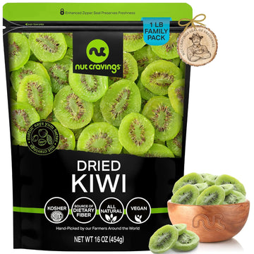 Nut Cravings Dry Fruits - Sun Dried Kiwi Slices, With Sugar Added (16Oz - 1 Lb) Packed Fresh In Resealable Bag - Sweet Snack, Healthy Food, All Natural, Vegan, Kosher Certified