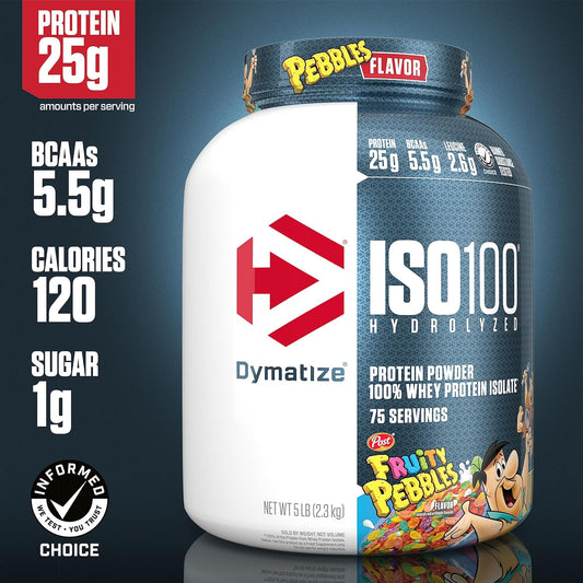 Dymatize Iso100 Hydrolyzed Protein Powder, 100% Whey Isolate, 25G Of Protein, 5.5G Bcaas, Gluten Free, Fast Absorbing, Easy Digesting, Fruity Pebbles, 5 Pound