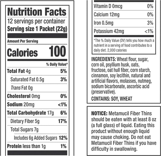 Metamucil Fiber Thins, Daily Psyllium Husk Fiber Supplement, Supports Digestive Health and Satisfies Hunger, Cinnamon Spice Flavor, 4 Packs x 12 Servings (48 Total Servings)