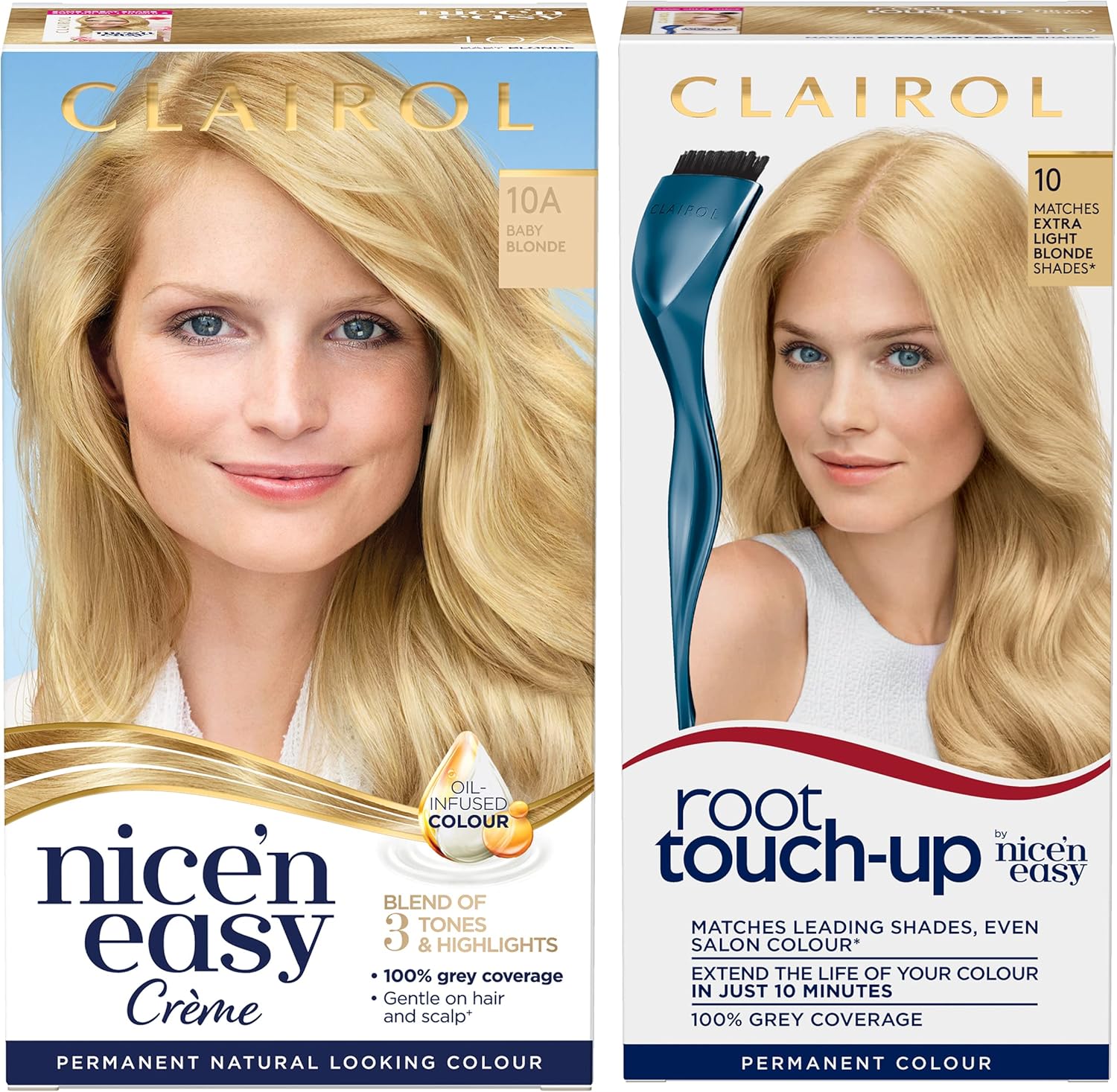 Clairol Nice' N Easy Crème, Natural Looking Oil Infused Permanent Hair Dye, Sb1 Ultra Light Natural Beach Blonde & Root Touch-Up Permanent Hair Dye, 10 Extra Light Blonde
