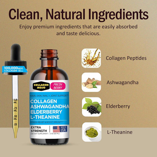 Collagen Mojo - Liquid Collagen For Women & Men, Collagen Peptides With Ashwagandha, Elderberry & L-Theanine - Hair, Skin, Nails, Joint & Stress Support, High Absorption - 100,000Mcg, 2 Oz