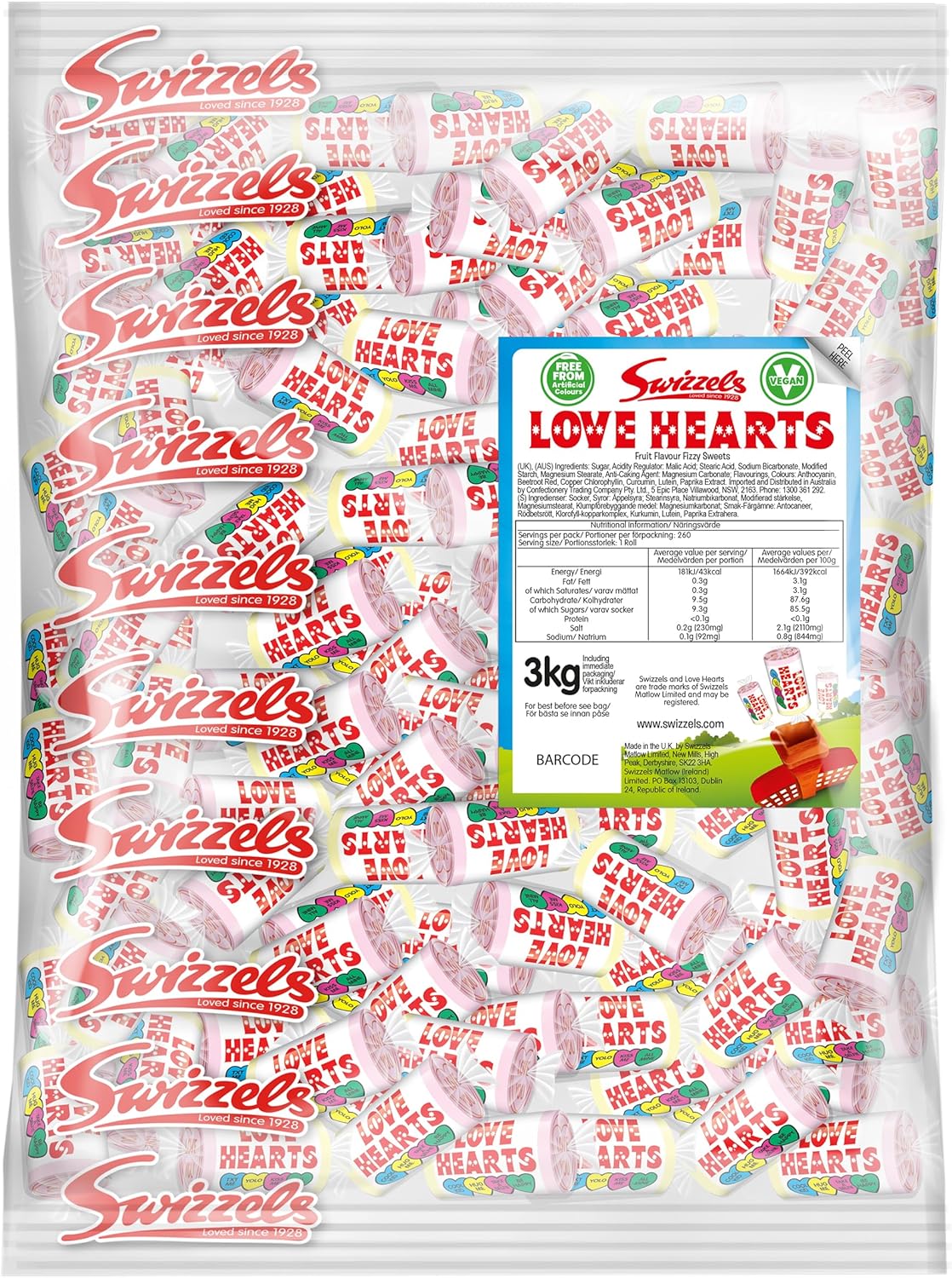 Swizzels Love Hearts Mini Rolls, Vegan Friendly Sweets- 3Kg Bulk Bag
