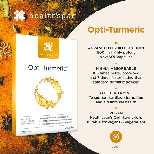 Healthspan Opti-Turmeric | High Strength 500mg Liquid Curcumin | Supports Cartilage Formation | Immune Health | 185 Times Better Absorbed & 7 Times Faster Acting Than Standard Turmeric (60 Capsules)