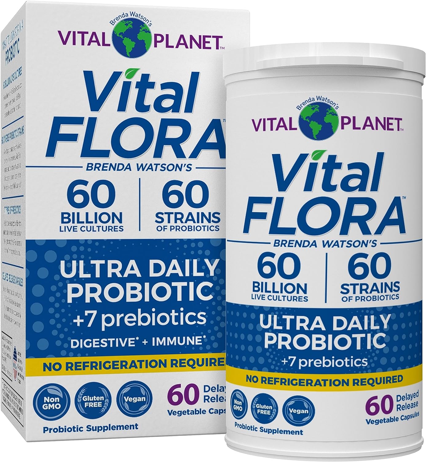 Vital Planet - Vital Flora Ultra Daily Probiotic 60 Billion CFU, 60 Diverse Strains, 7 Organic Prebiotics, Immune Support, Digestive Health Shelf Stable Probiotics for Women and Men 60 Capsules