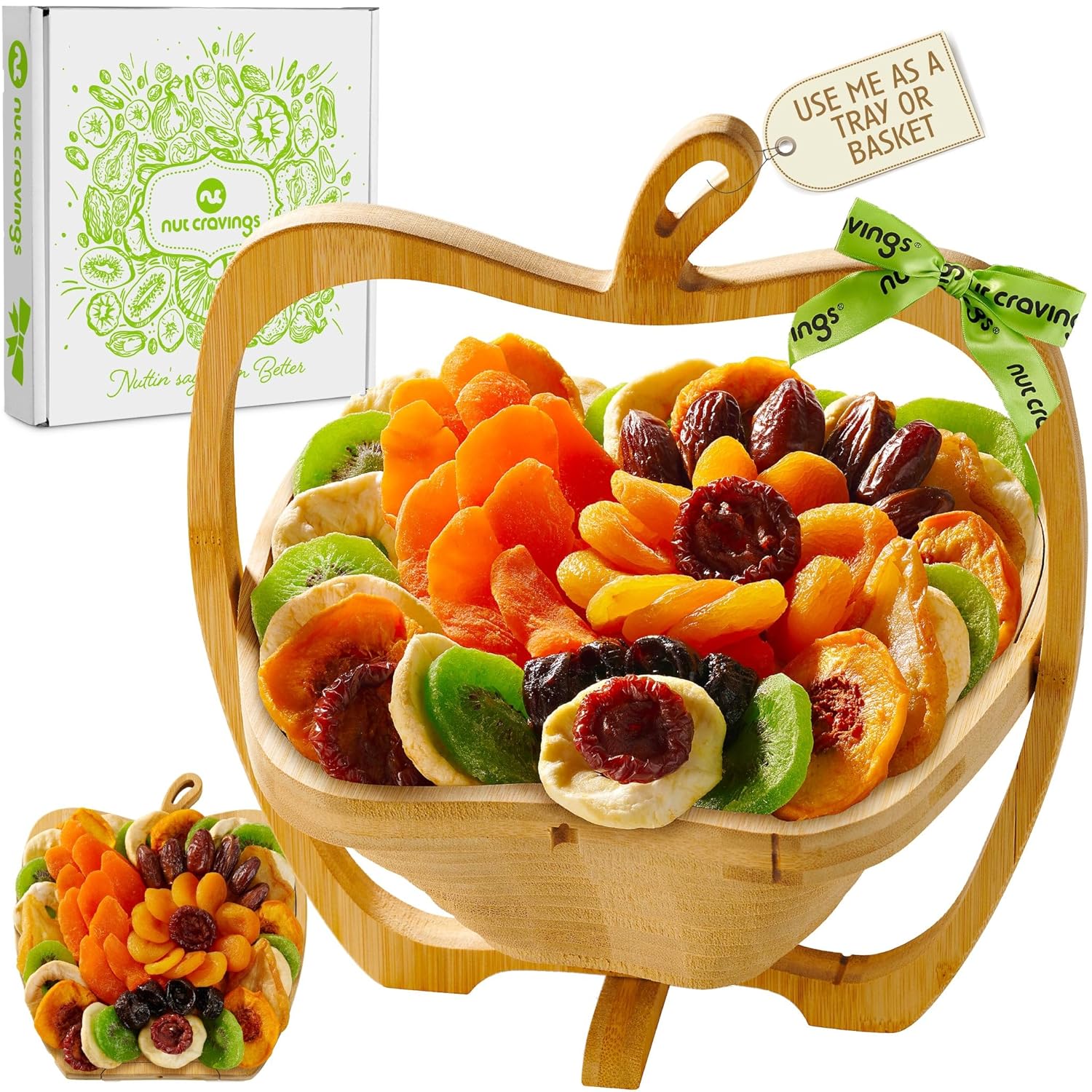 Nut Cravings Gourmet Collection - Dried Fruit Wooden Apple-Shaped Gift Basket + Tray (9 Assortment) Teacher Appreciation Flower Arrangement Platter With Green Ribbon - Healthy Kosher