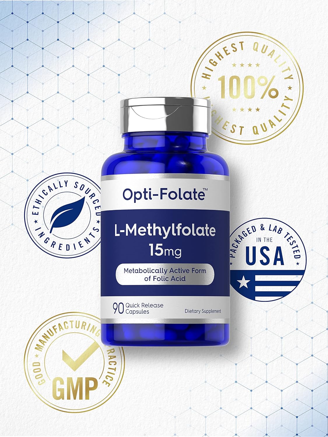Carlyle L Methylfolate 15mg | 90 Capsules | Max Potency | Optimized and Activated | Non-GMO, Gluten Free | Methyl Folate, 5-MTHF | by Opti-Folate : Health & Household
