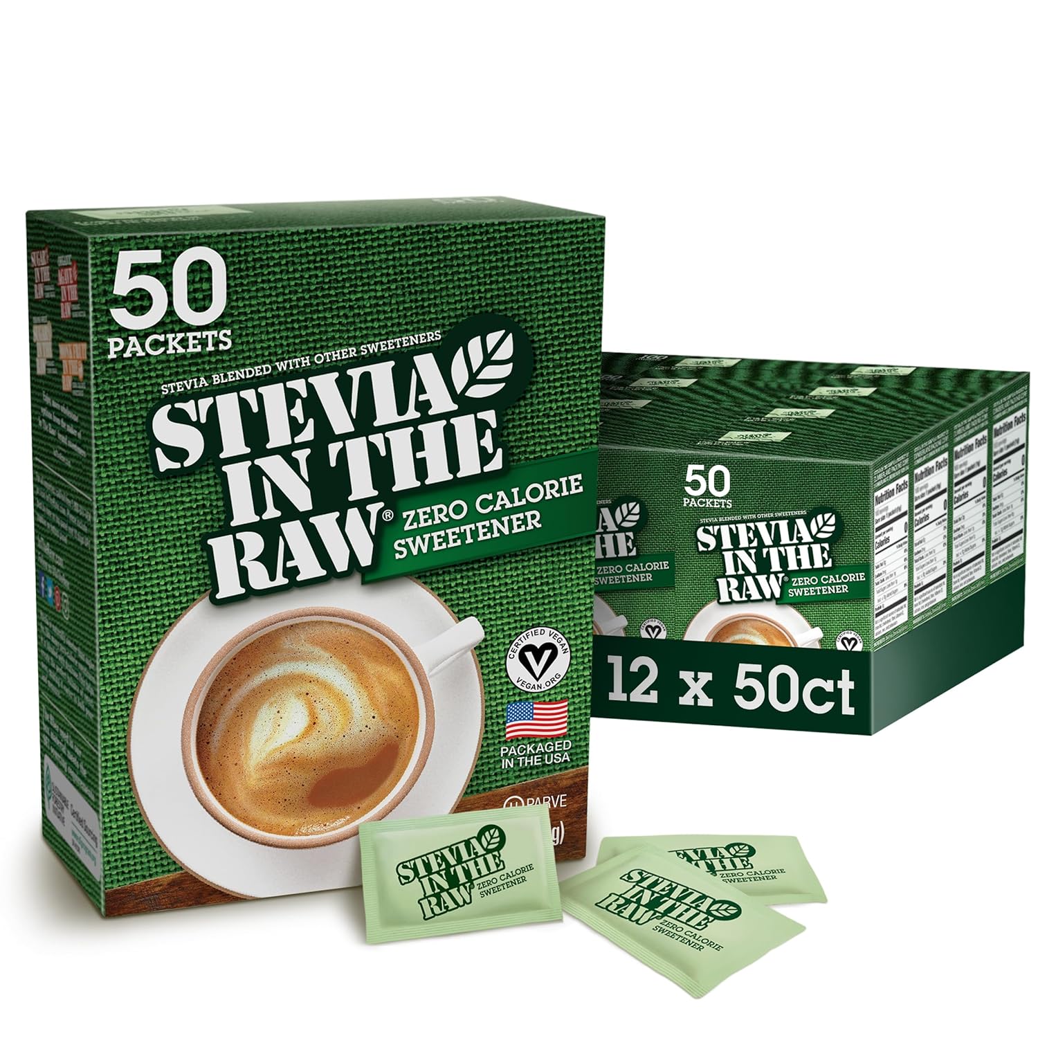 Stevia In The Raw, Plant Based Zero Calorie, Sugar Substitute, No Erythritol, Sugar-Free Sweetener For Coffee, Hot & Cold Drinks, Suitable For Diabetics, Vegan, Gluten-Free, 50 Count Packets (12 Pack)