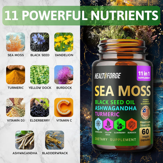 Irish Sea Moss Capsules Organic Seamoss 3000Mg Black Seed Oil Capsules 2000Mg Ashwagandha Supplements 1000Mg Turmeric 1000Mg Bladderwrack 1000Mg Burdock 1000Mg & Vitamin C & D3