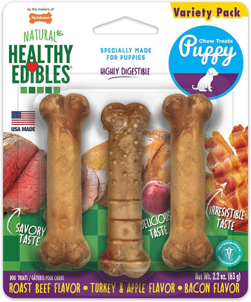 Nylabone Healthy Edibles Natural Puppy Chews Long Lasting Roast Beef, Apple & Bacon Treats for Puppies, X-Small/Petite (3 Count)