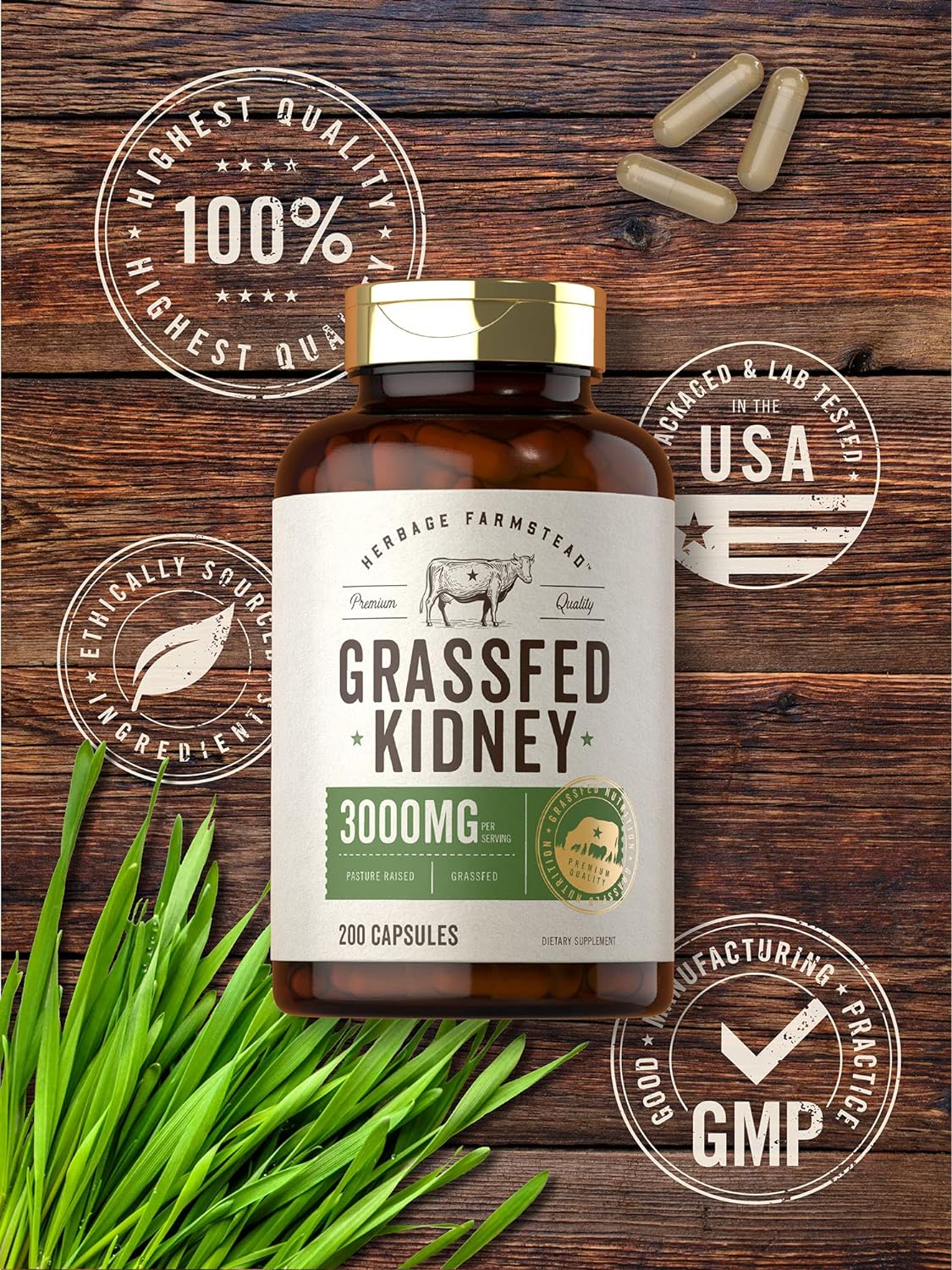 Carlyle Grass Fed Beef Kidney Supplement | 200 Capsules | 3000mg | Pasture Raised Desiccated Bovine Supplement | Hormone and Pesticide Free | Non-GMO, Gluten Free | by Herbage Farmstead : Health & Household