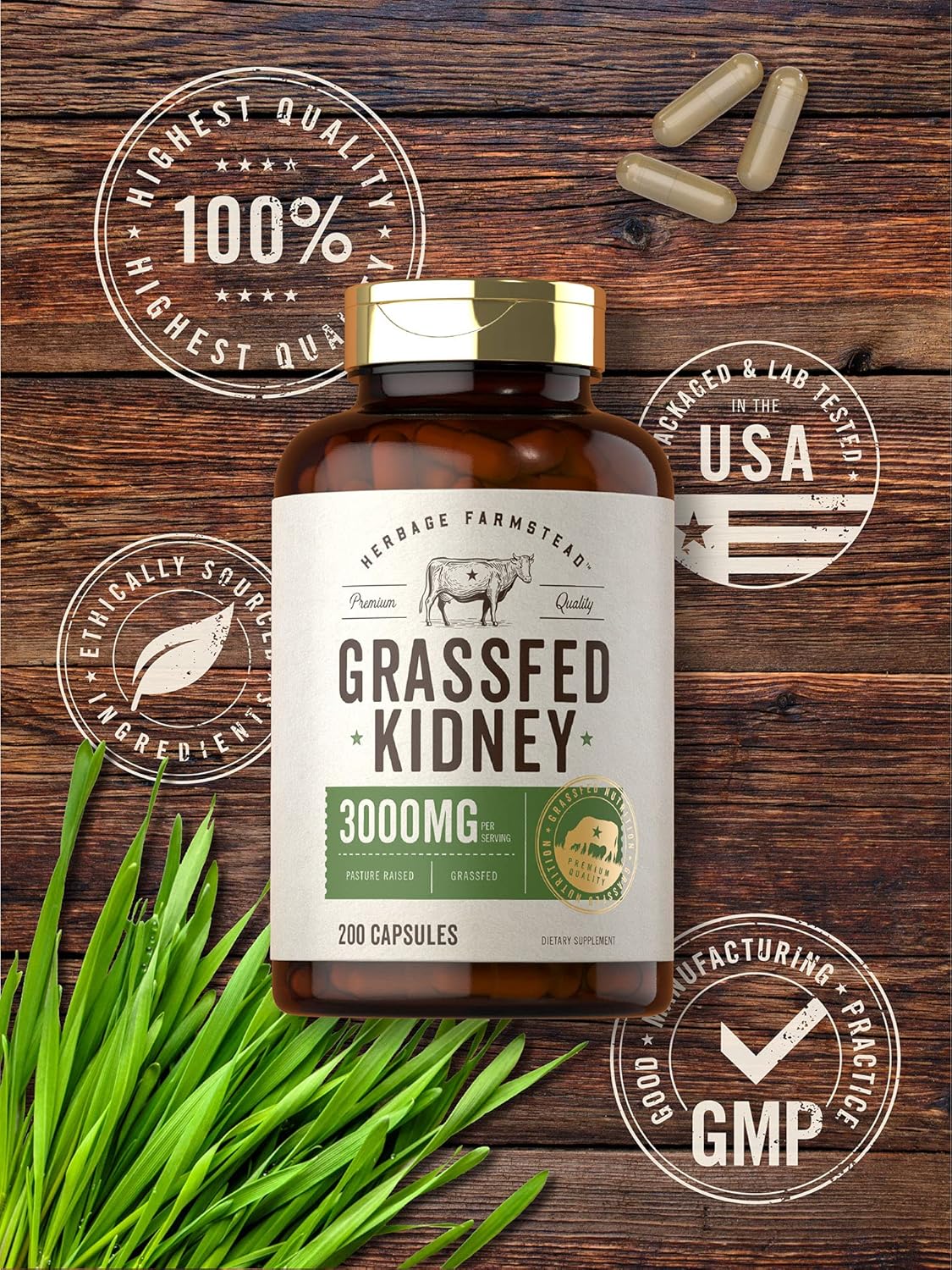 Carlyle Grass Fed Beef Kidney Supplement | 200 Capsules | 3000mg | Pasture Raised Desiccated Bovine Supplement | Hormone and Pesticide Free | Non-GMO, Gluten Free | by Herbage Farmstead : Health & Household