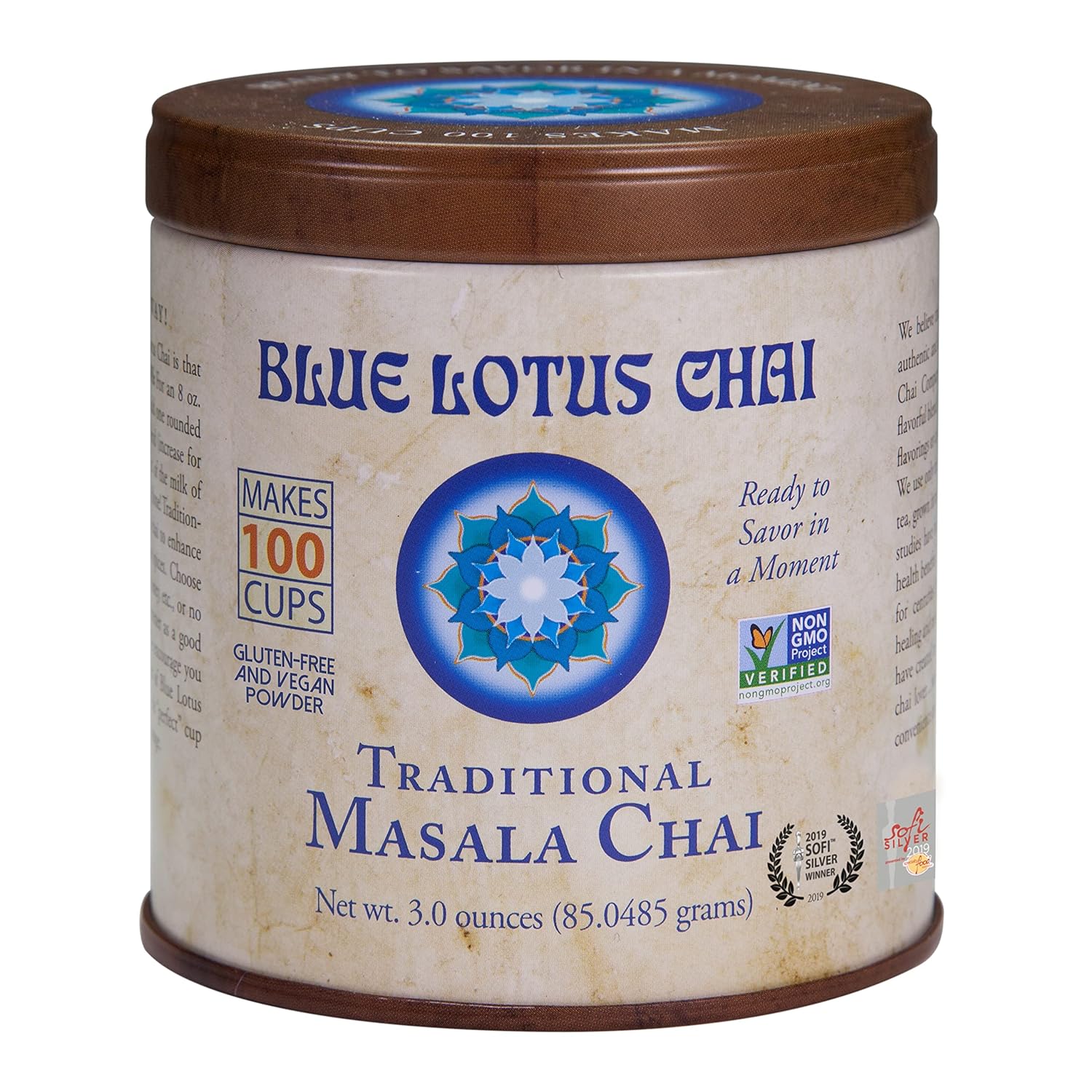 Blue Lotus Chai Tea - Traditional Masala Chai - Makes 100 Cups - 3 Ounce Masala Spiced Chai Powder With Organic Spices - Instant Indian Tea No Steeping - No Gluten