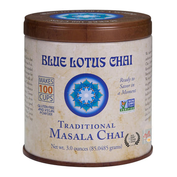Blue Lotus Chai Tea - Traditional Masala Chai - Makes 100 Cups - 3 Ounce Masala Spiced Chai Powder With Organic Spices - Instant Indian Tea No Steeping - No Gluten