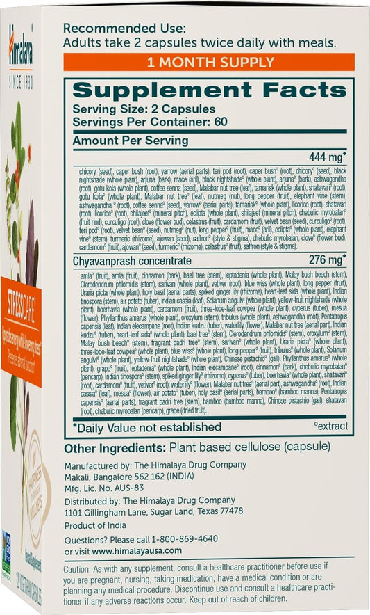 Himalaya StressCare Herbal Supplement, Supports Stress Relief, Energy Support, Relaxation, Occasional Sleeplessness, Ashwagandha, Holy Basil/Tulsi, Gotu Kola, Non-GMO, Vegetarian, 120 Capsules