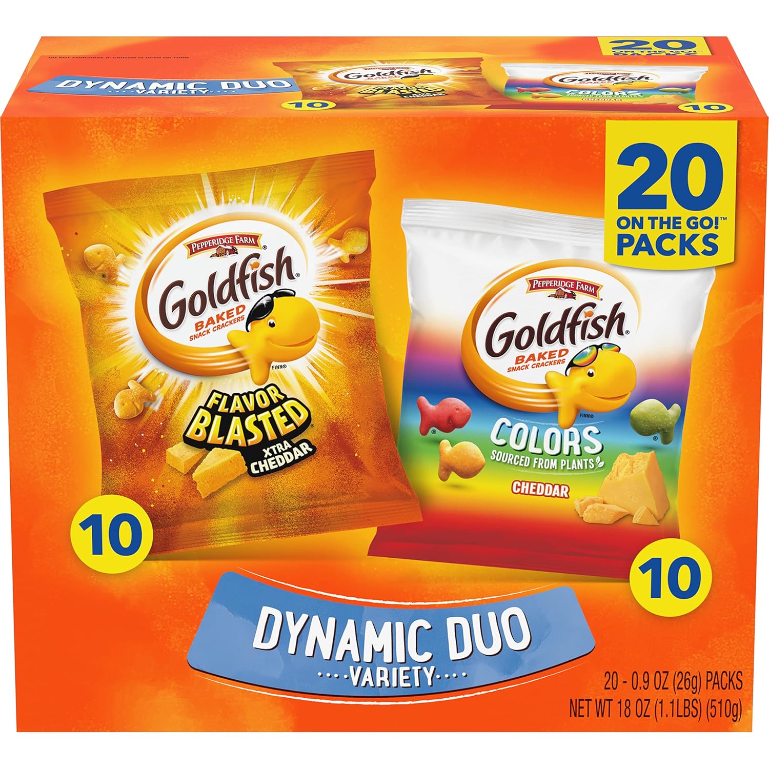 Goldfish Dynamic Duo Variety Pack, Colors Cheddar & Flavor Blasted Xtra Cheddar, Snack Packs, 20 Ct