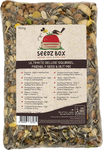 Squirrel Food Seed and Nut Feed Mix 900g - SeedzBox Deluxe Squirrel Food - Natural Treats and Snacks for Wild Squirrels - Monkey Nuts Flaked Peas and Whole Maize - Healthy Fats and Vitamin E