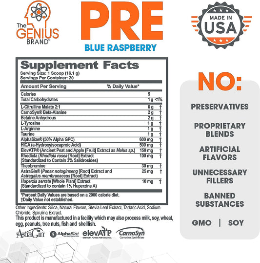 Genius Pre Workout Powder, Blue Raspberry - All-Natural Nootropic Pre-