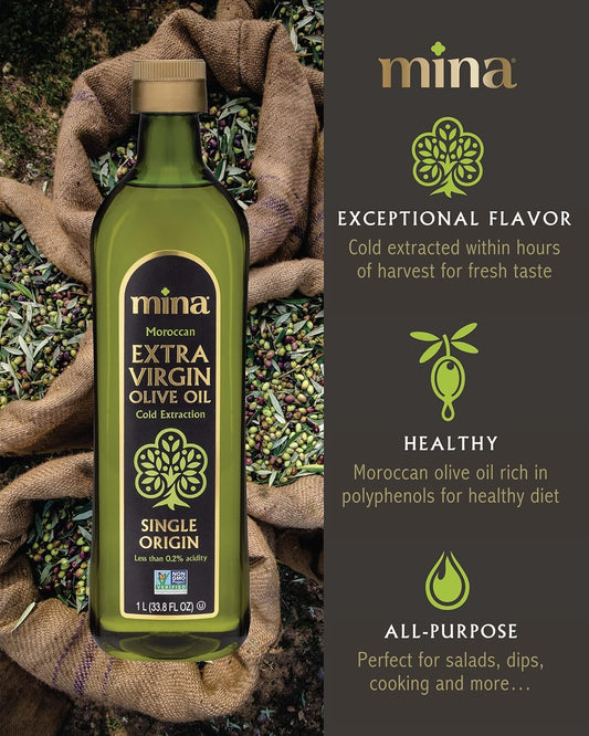 Mina Olive Oil Extra Virgin 33.8 Fl Oz, New Harvest, Polyphenol Rich Olive Oil For Cooking, Moroccan Evoo, Single Origin, Cold Extraction, Less Than 0.2% Acidity, 1 L