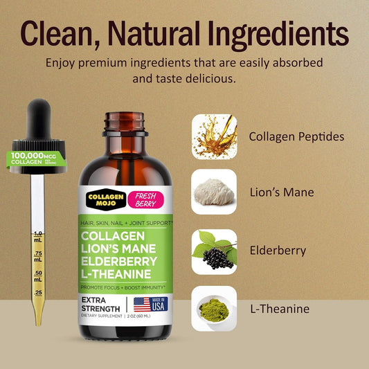 Collagen Mojo - Liquid Collagen For Women & Men, Collagen Peptides With Lion'S Mane Mushroom, Elderberry & L-Theanine - Hair, Skin, Nails, Joint Support, Focus, High Absorption - 100,000Mcg, 2 Oz