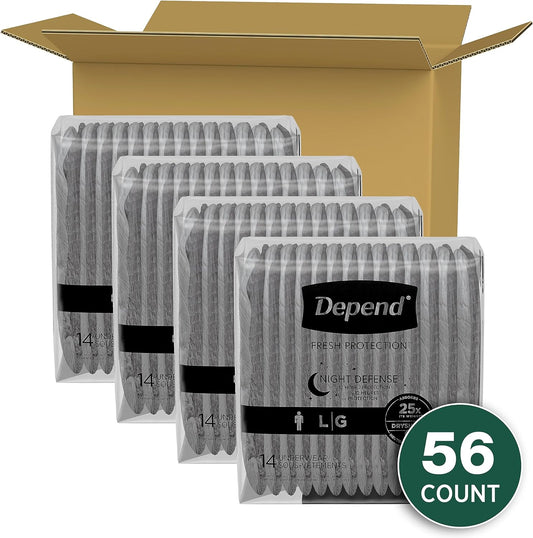 Depend Night Defense Adult Incontinence Underwear For Men, Disposable, Overnight, Large, Grey, 56 Count (4 Packs Of 14), Packaging May Vary