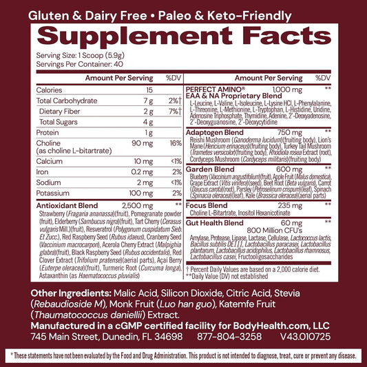 Bodyhealth Reds Enhanced With Perfectamino - Daily Superfood Smoothie Powder With Antioxidants, Adaptogens, Phytonutrients, Fruit, Prebiotics, Probiotics, Fiber, And Protein - 40 Servings