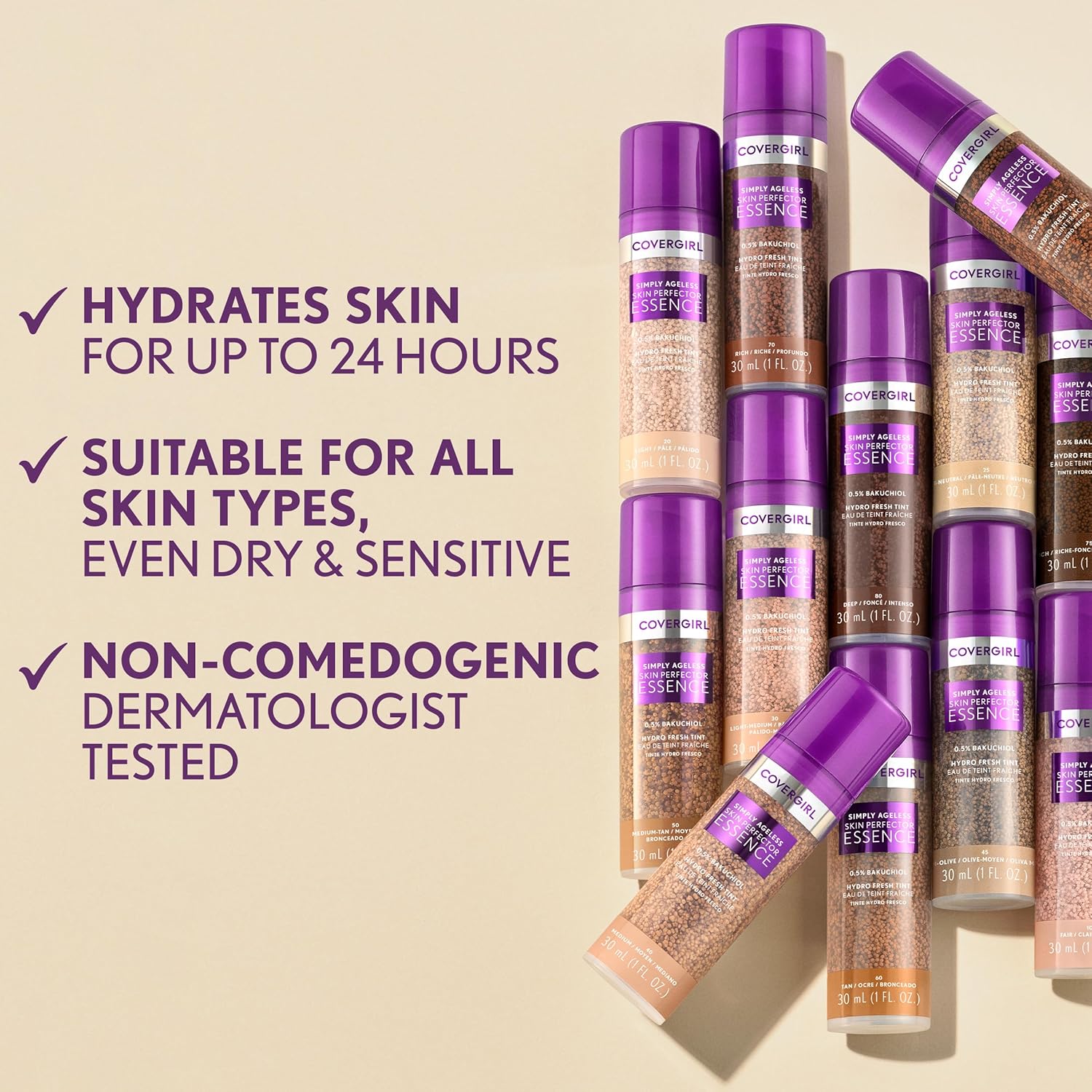 Covergirl Simply Ageless Skin Perfector Essence Foundation, 50 Medium-Tan, Tinted Skincare Makeup Hybrid, Sheer Tint, Radiant Finish, Glowy Finish, Vegan Formula, 1.0Oz : Beauty & Personal Care