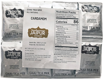 Jaipur Avenue Cardamom Chai Tea Mix Crafted With All-Natural Assam Black Tea, Cardamom, Cane Sugar, And Premium Dry Milk - Preservative-Free, Gluten-Free, Authentic Indian Chai Tea Latte (50 Packets)