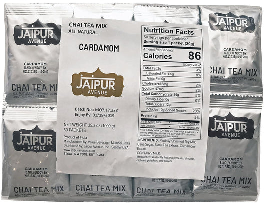 Jaipur Avenue Cardamom Chai Tea Mix Crafted With All-Natural Assam Black Tea, Cardamom, Cane Sugar, And Premium Dry Milk - Preservative-Free, Gluten-Free, Authentic Indian Chai Tea Latte (50 Packets)