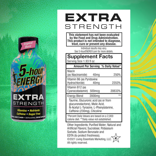 5-hour ENERGY Shots Extra Strength | Tropical Burst Flavor | 1.93 oz. 30 Count | Sugar Free, Zero Calories | Amino Acids and Essential B Vitamins | Dietary Supplement | Feel Alert and Energized