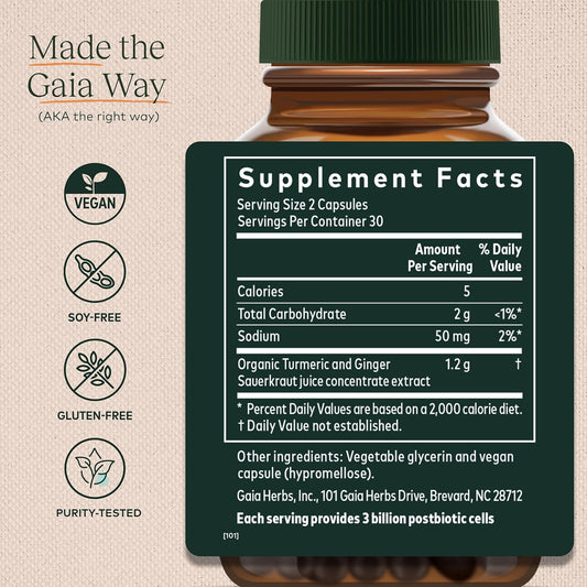 Gaia Herbs Ginger-Turmeric Postbiotic - Premium Digestive Support Supplement For Gut Health - Made With Fermented Turmeric & Ginger - Free From Dairy, Soy & Gluten - 60 Vegan Capsules (30 Servings)