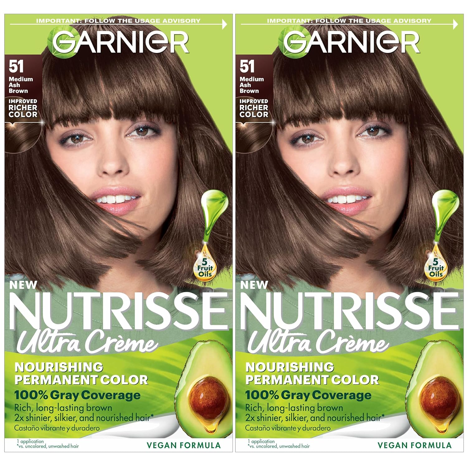 Garnier Hair Color Nutrisse Nourishing Creme, 51 Medium Ash Brown (Cool Tea) Permanent Hair Dye, 2 Count (Packaging May Vary)