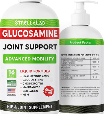 Strellalab Liquid Glucosamine For Dogs (16 Oz) - All-Natural Hip & Joint Supplement For Dogs, Glucosamine Chondroitin Liquid, Msm & Collagen For Dogs Mobility, Joint Pain Relief For Small & Large Dogs