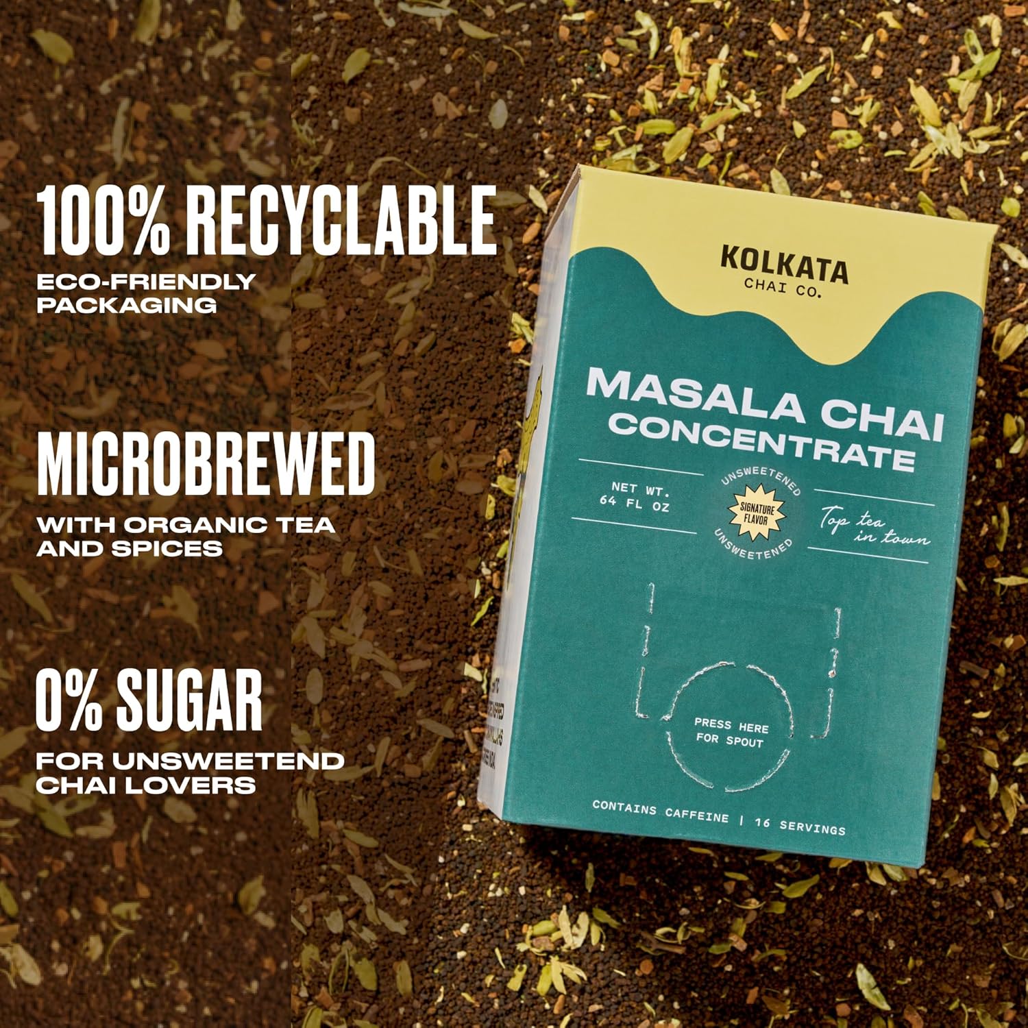 Kolkata Chai - Sugar Free Masala Chai Concentrate For Chai Tea Latte, 64Oz Microbrewed Premium Organic Black Tea And Spices, Unsweetened/Zero Sugar, Vegan, All Natural, Makes 16 Servings
