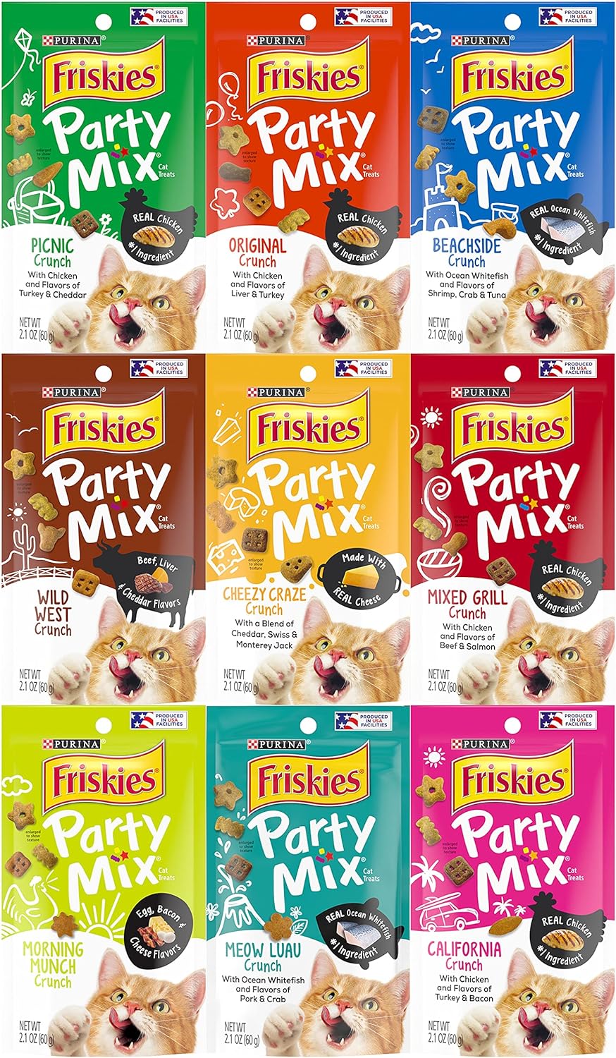 Friskies Party Mix Crunch Variety Pack (9 Flavors) - Wild West, Morning Munch, Mixed Grill, Picnic, Beachside, Cheezy Craze, Original, California Dreamin', and Meow Luau