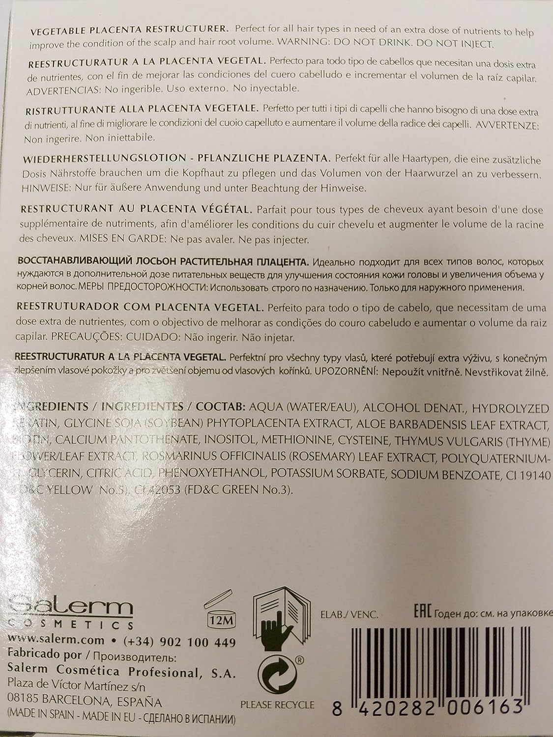 Salerm Vegetable Placenta Restructurer : Hair And Scalp Treatments : Beauty & Personal Care